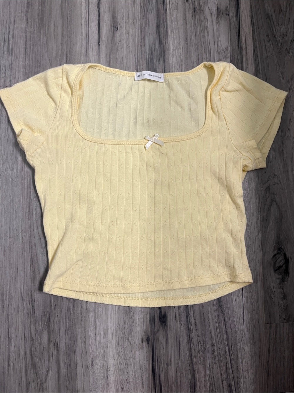 gaze Pale Yellow Ribbed Scoop Neck Crop Top with Bow